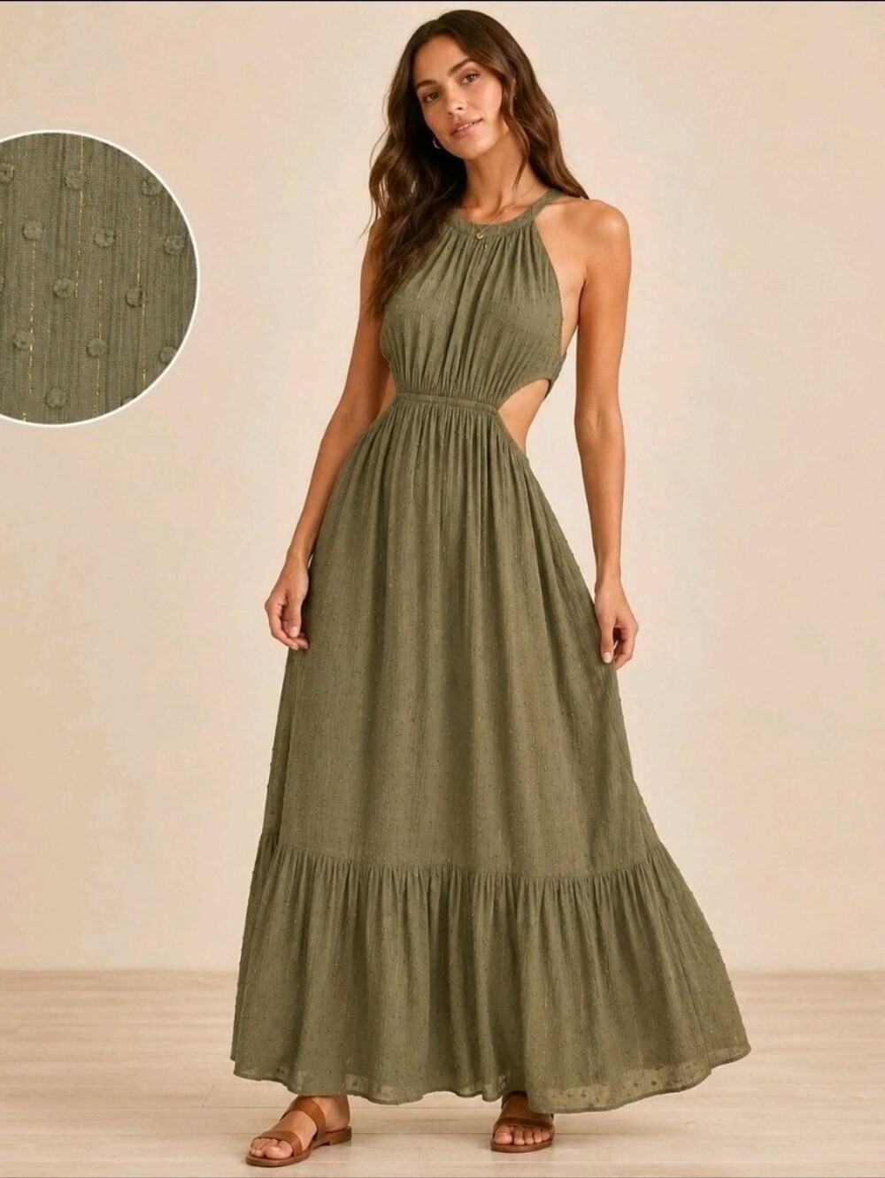 AQUA olive green swiss dot halter maxi dress featuring side cutouts XS
